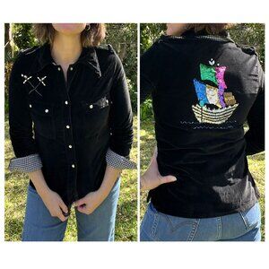 Vintage Maximus Velvet  Sequin Pirate Ship Button Up Top Black Small/Medium